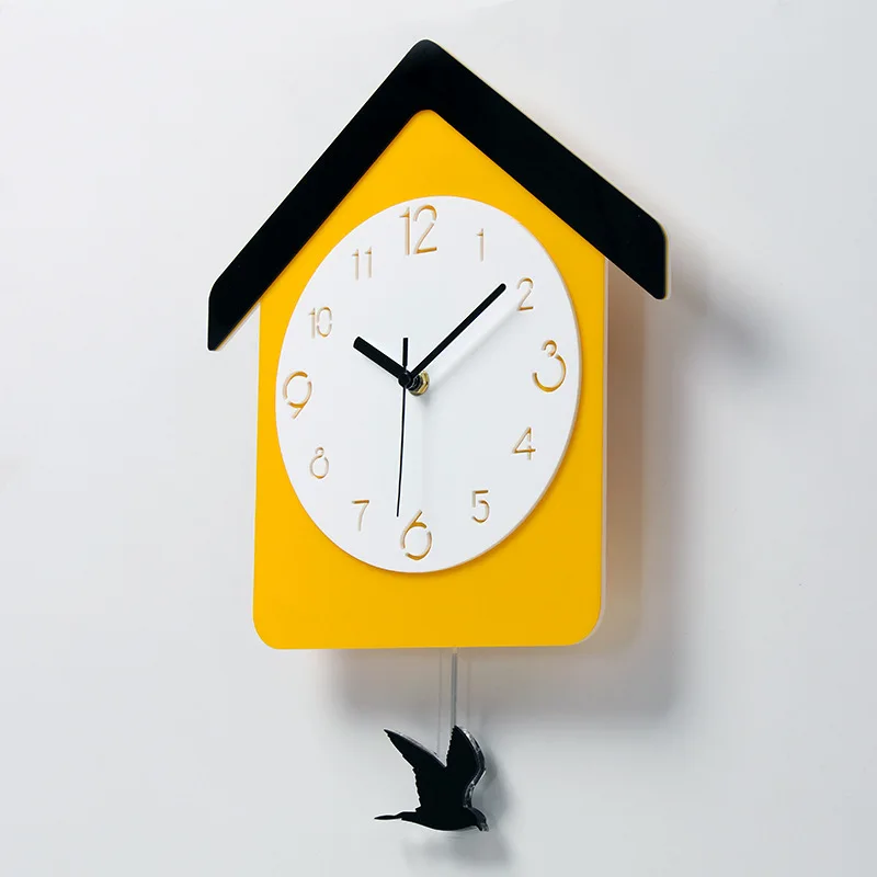 Creative fashion yellow small house styling decorative wall clock Fun bird swing clock