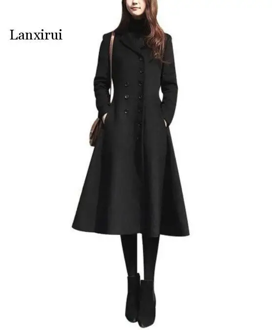 

Lanxirui Spring Autumn Fashion Woolen Simple Slim Maxi Long coat Winter Female Outerwear Navy blue abrigos mujer