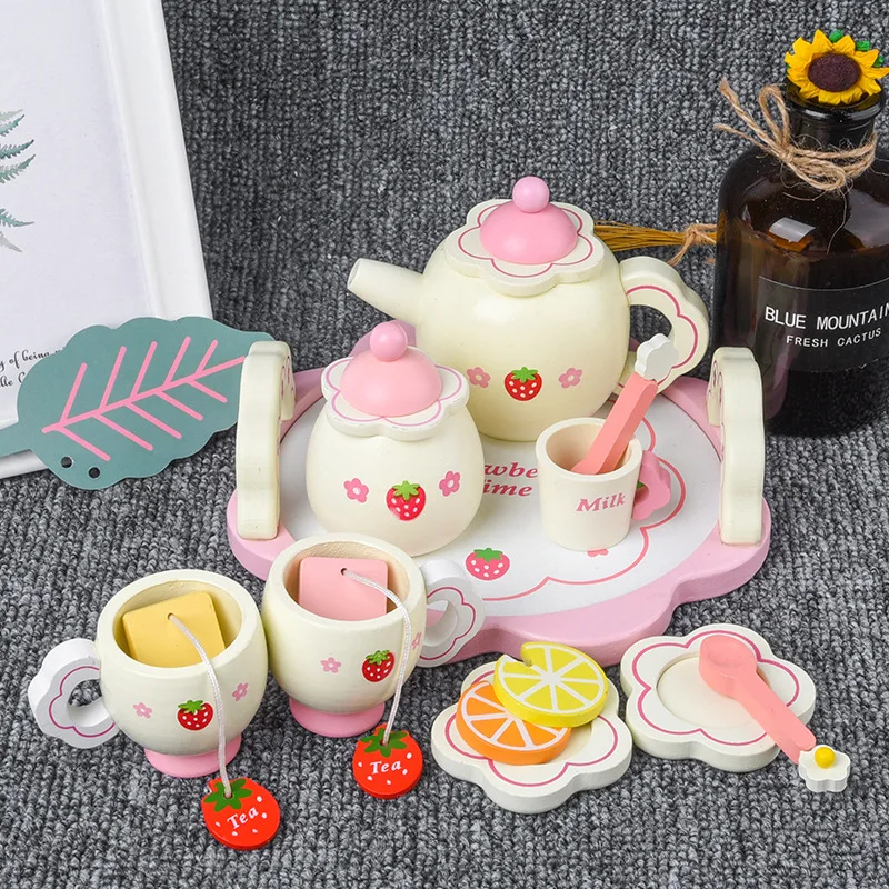 Wooden Tea Cup Set Kids Kitchenware Toy Girl\'s Pink Teatime Tableware Mini Tea Things Teapot Tray Spoon Kit With Box