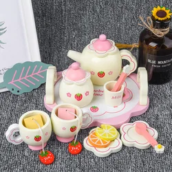 Wooden Tea Cup Set Kids Kitchenware Toy Girl's Pink Teatime Tableware Mini Tea Things Teapot Tray Spoon Kit With Box