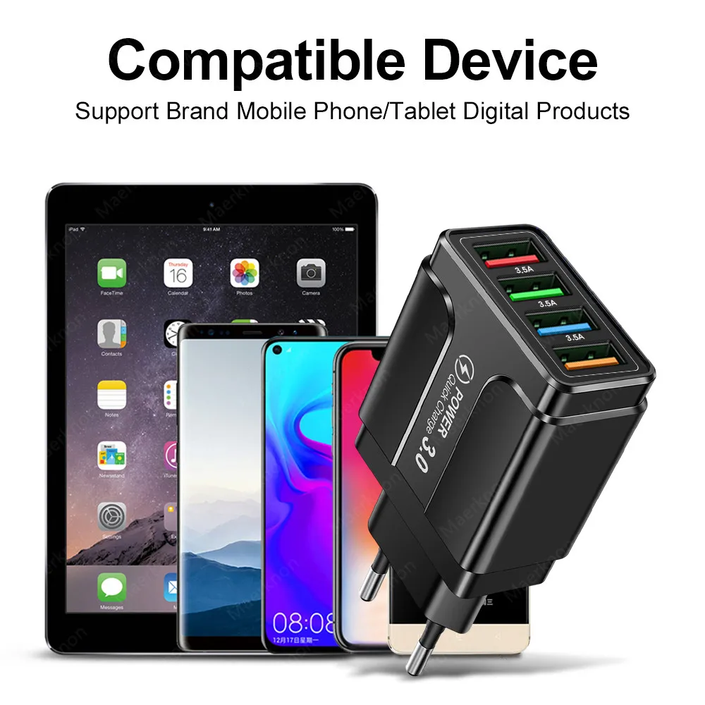 48W USB Charger 4 Ports Quick Charge 3.0 4.0 Universal Wall Mobile Phone Chargers Fast Charging For iPhone 12 X Xiaomi Tablet