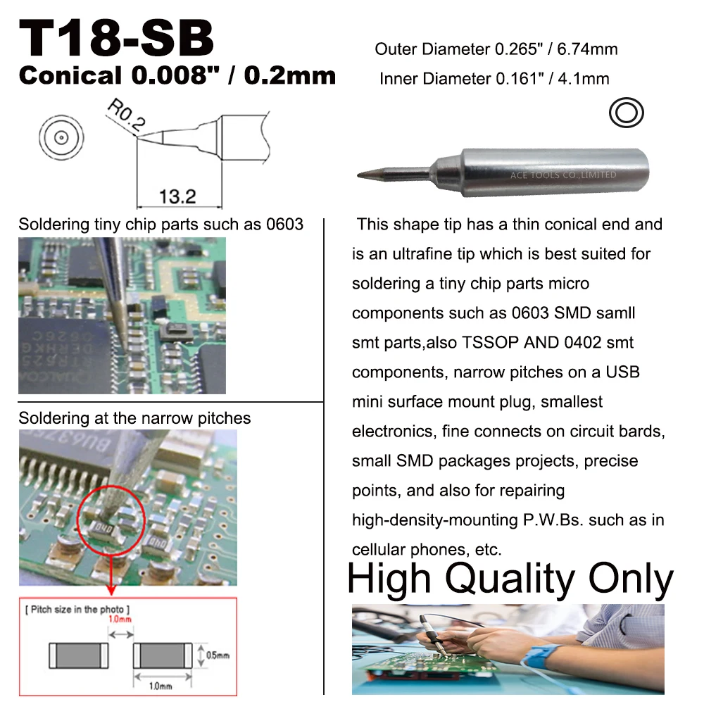 T18-SB Lötspitze, konisch, 0,2 mm, 0,008 Zoll, passend für HAKKO FX-888 FX-888D FX-8801 FX-600, bleifreier Eisen-Bit-Düsengriffstift