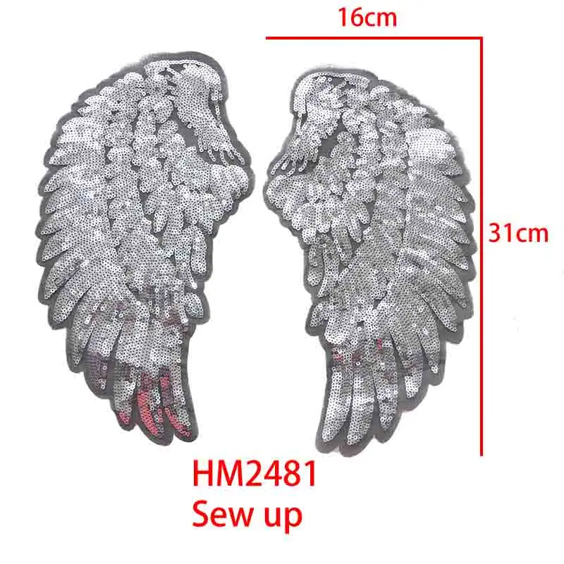 A pair of silver Feather Wings Sequin Dreamy Sew Iron On Patches Embroidered Badges For Clothes DIY Appliques Craft Decoration