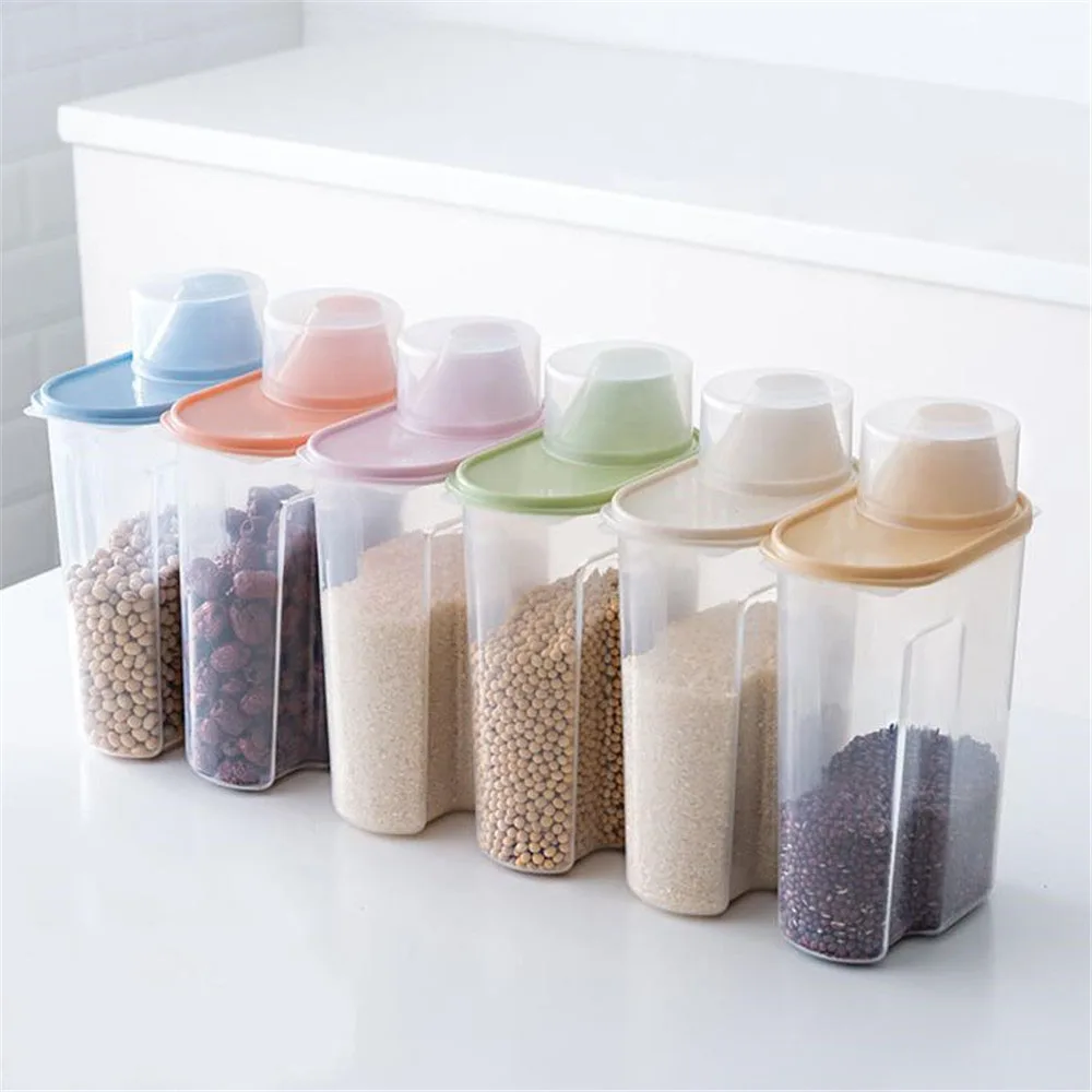 Food Storage Box Plastic Clear Dry  Container with  Bottles Jars Pour Lids 2.5L Kitchen Cereal Rice Beans mason jar