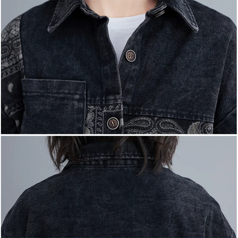 Streetwear Print Women's Denim Jacket Coat Black Jeans Outwear Female Spring Autumn Casual Long-Sleeved Loose Cowboy Outwear2025