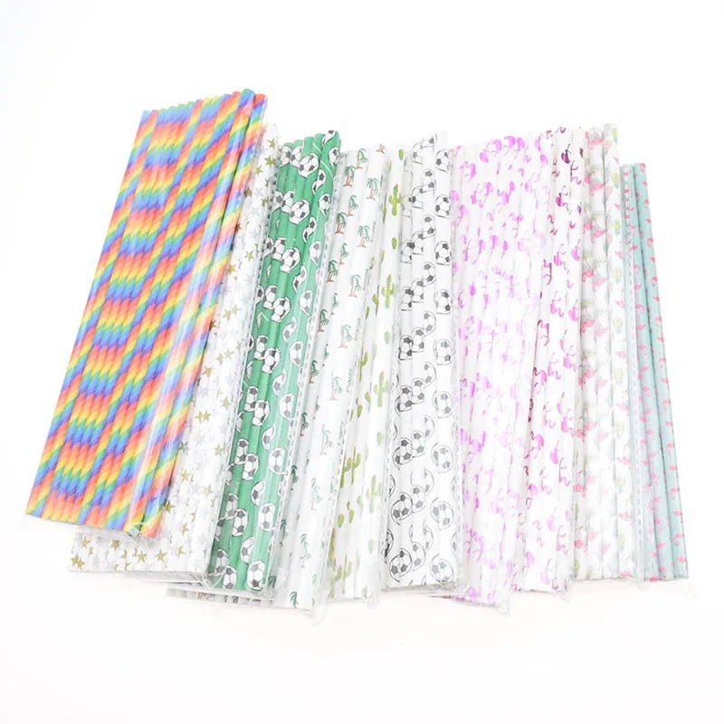 Football Rainbow 25pcs/lot Paper drinking straws Flamingo Disposable tableware Birthday Wedding Bar Decor Favor Girl's Party DIY