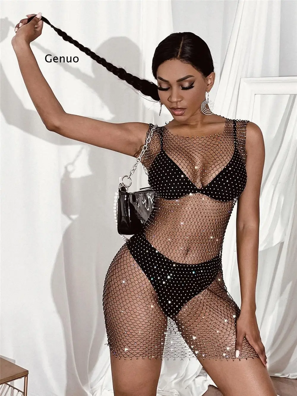 

Women Sexy Crystal Diamond Black Fishnet Mesh Dress See-Through Beach Cover-Up Hollow Out Rhinestone One-Piece Bodycon Summer