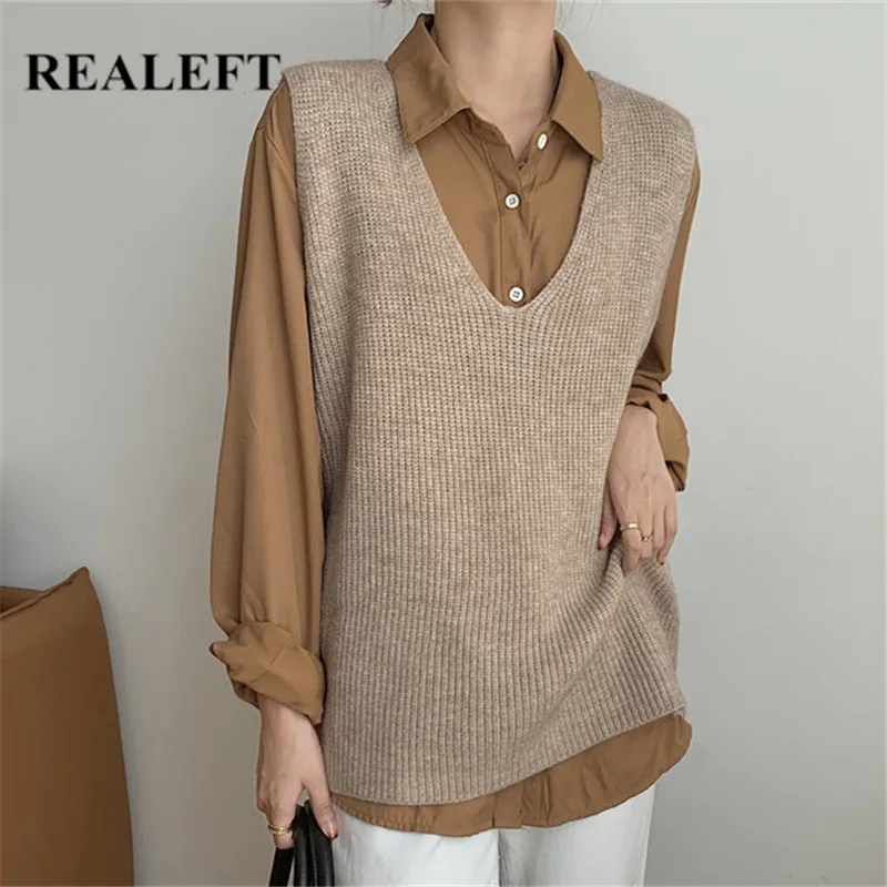 

REALEFT 2021 New Autumn Sleeveless Sweaters Vests Minimalist Solid Color Knitting V-Neck Casual Loose Ladies Female Tank Tops