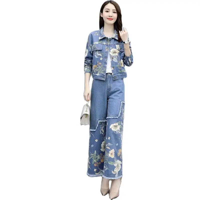 

Single Piece/Pant Set Fashion 2022 Spring Autumn Retro Denim Short Jacket And Elastic waist Wide Leg Pants Female 491