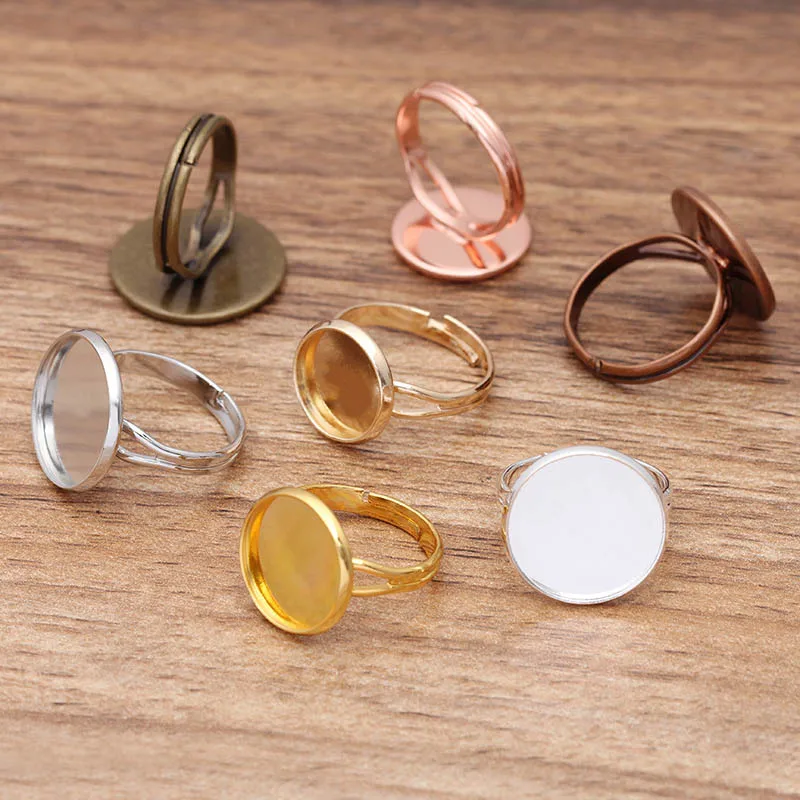 200pcs Copper Adjustable Ring Base with 10 12 14 16 18 20mm Round Bezel Settings Tray Stone Cabochons Base Blanks DIY Jewelry
