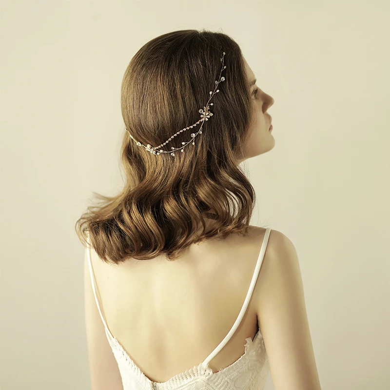 O812 Chained freshwater pearl metal headband vintage rhinestone braid headband bride hairband ladies wedding hair accessories