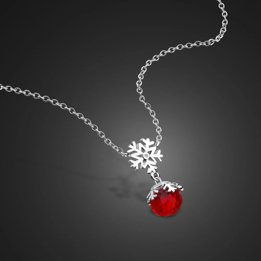 New 100% 925 Sterling Silver Small Red Ball Snowflake Pendant Choker Necklace Women Collars Fashion Chain Jewelry Bijoux