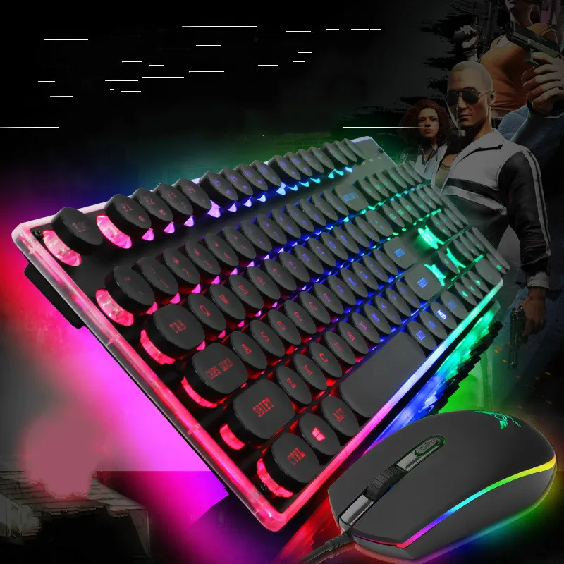 

New Profession Wired Gaming Keyboard Mouse Set Manipulator Rainbow Crystal Cap Backlight Computer Keyboard Mouse for Laptop Pc