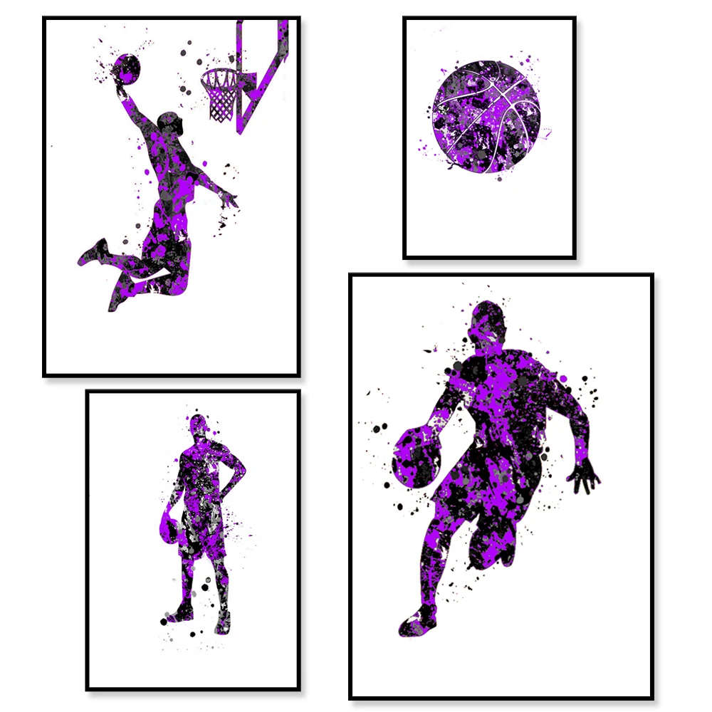 Basketball art, basketball violet watercolor ensemble, basketball art mural, basketball gala, youth dance party decoration poste