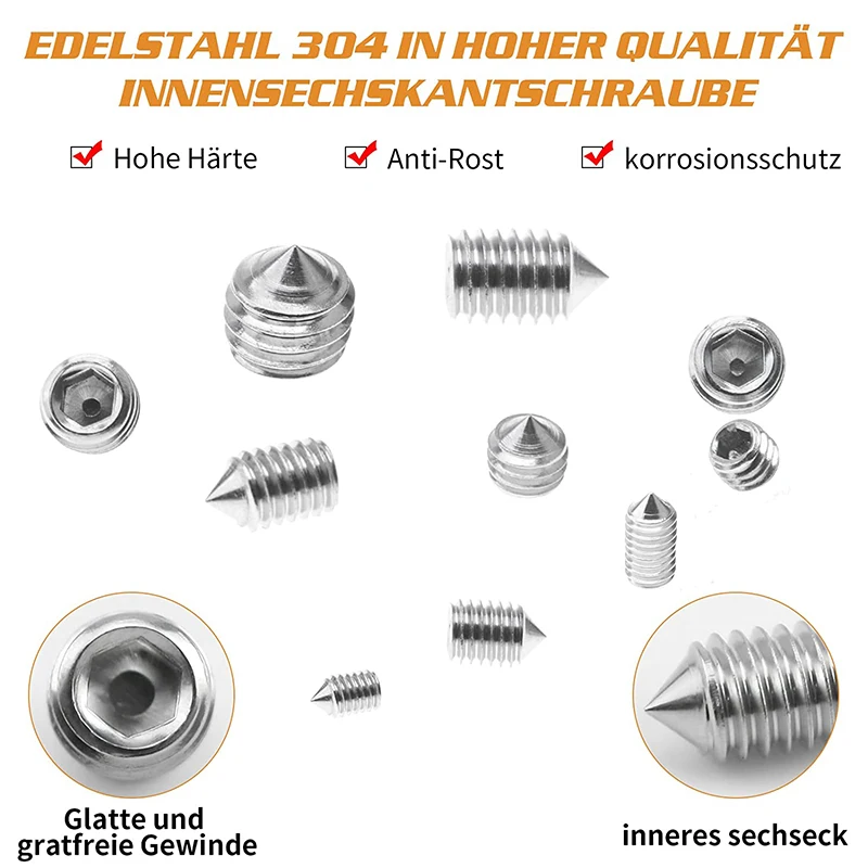 ELECTRAPICK 240pcs Hex Hexagon Socket Set Screw Cone Point Grub Screw Tapered End Headless Bolt M3 M4 M5 M6 M8