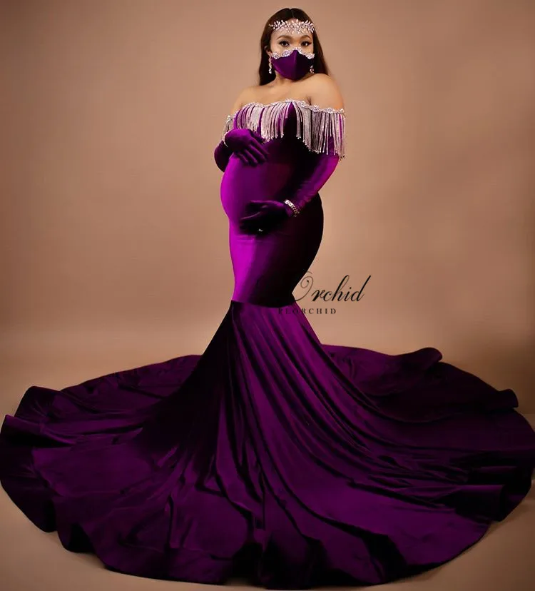 PEORCHID Dark Purple Mermaid Evening Dress Pregnant Woman Beads Vevlet Long Train Plus Size Formal Maternity Gown For Photoshoot