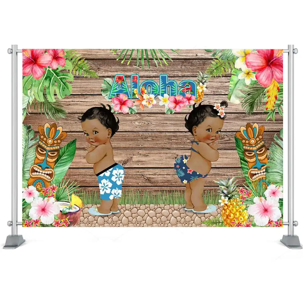 Aloha Gender Reveal Baby Shower Backdrop, Hawaiian Luau Wood Background, Boy or Girl Surprise Baby Shower Party Decor Banner