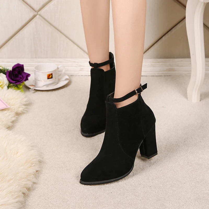 Ankle Boots Women Winter Shoes Women Fashion Suede Leather Buckle Boots High Heel Ladies Shoes Warm Zipper Ankle Boots for Women