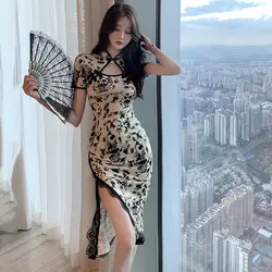 2024 New Hollow Out Qipao Summer Chinese Dress Women Sexy Split Cheongsams Mandarin Collar Summer Wear Print Floral Vestidos