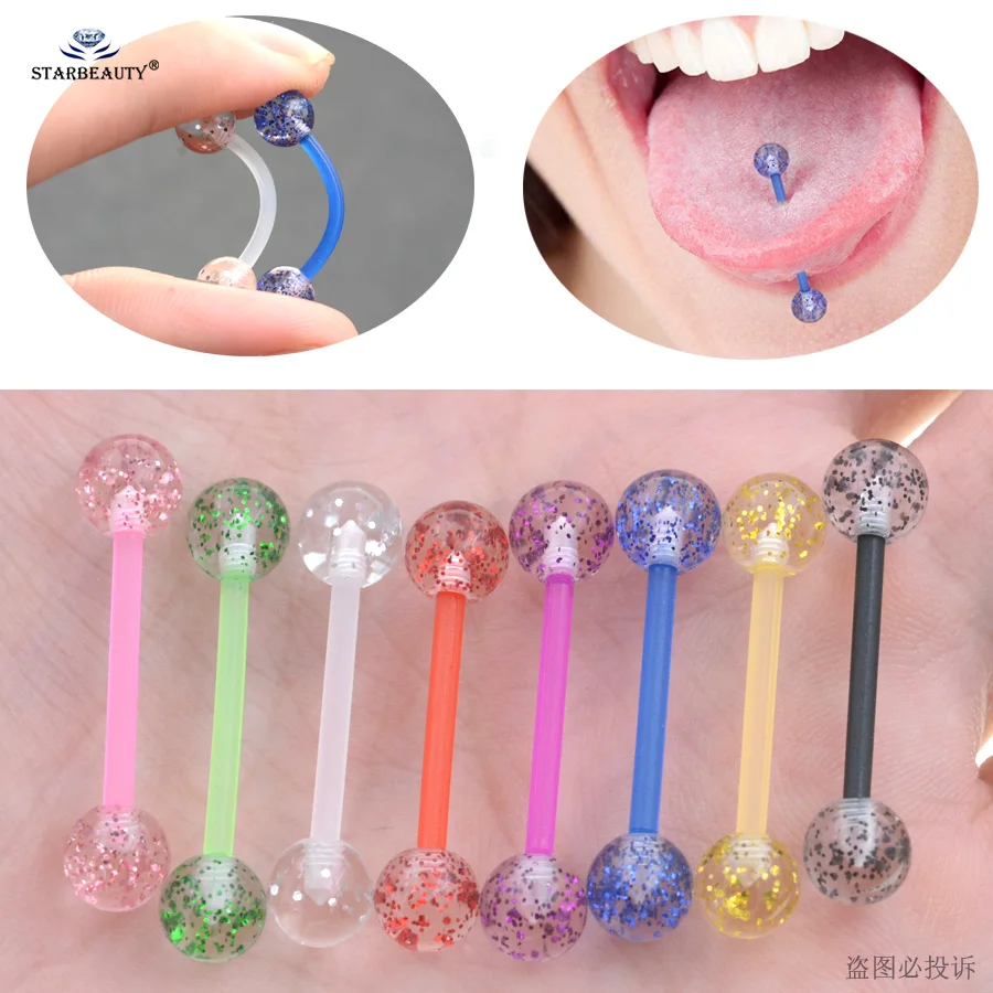 Starbeauty 8Pcs/Lot Soft Acrylic Barbell Sexy Tongue Piercing Tongue Rings Flashing Powder Plastic Nipple Ring Ear Body Jewelry