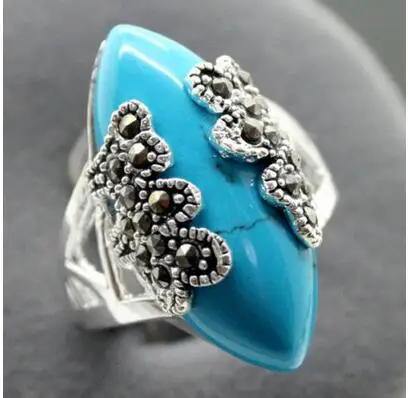 

Free Shipping wholesale Rare Vintage Style Blue Natural jade & Marcasite 925 Silver Ring Size 7.8.9.10