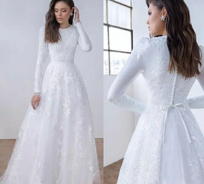 Long Sleeves Lace A-line Modest Wedding Dresses Jewel Neck Sweep Train Simple Vintage Lace  muslim country Bridal Gowns