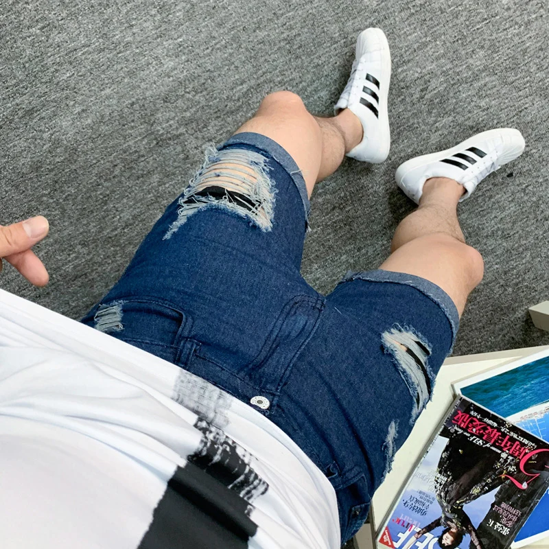 Summer Men's Thin Jeans Hole Shorts Teen Street Hip Hop Trend Personality Fashion Black Dark Blue