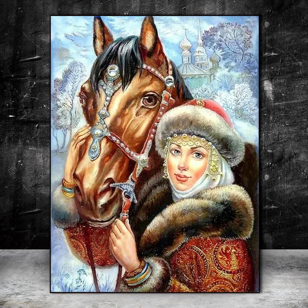 YI Bright 5d DIY Full Square/Round Diamond Painting Woman Horse Set For Embroidery Cross Mosaic Winter Portrait Rhinestone Pic