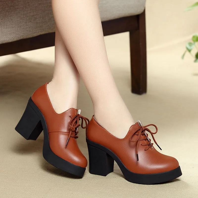 New Women Pumps Shoes PU Leather Elegant Pointed Toe Lace-Up 8cm&5cm Thick High Heel Shallow Solid Casual Female Shoes Plus Size