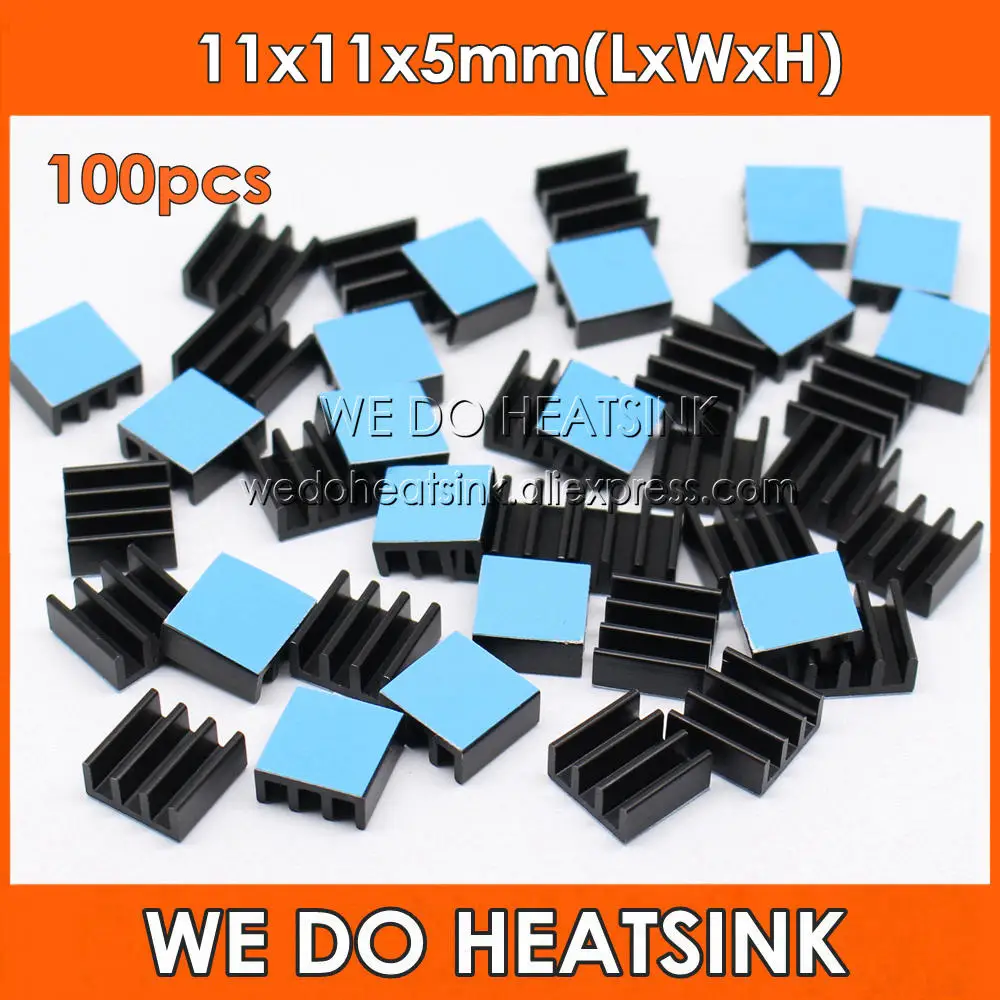 

WE DO HEATSINK 100pcs 11x11x5mm Black Anodizing DIY Aluminum Heatsink Small Chip Radiator Cooler With Thermal Adhesive Tape