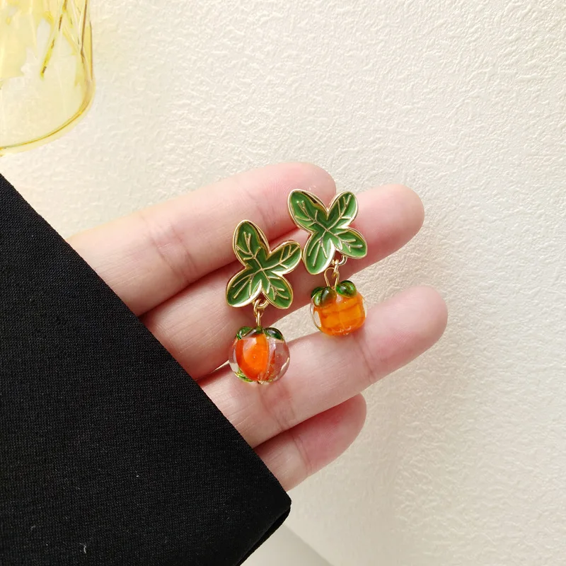 Korean Style Persimmon Lucky Pastoral Glass Cherry Clip Earrings Summer Fruit Orange Clip Earrings No Piercing Girl Ear Jewelry