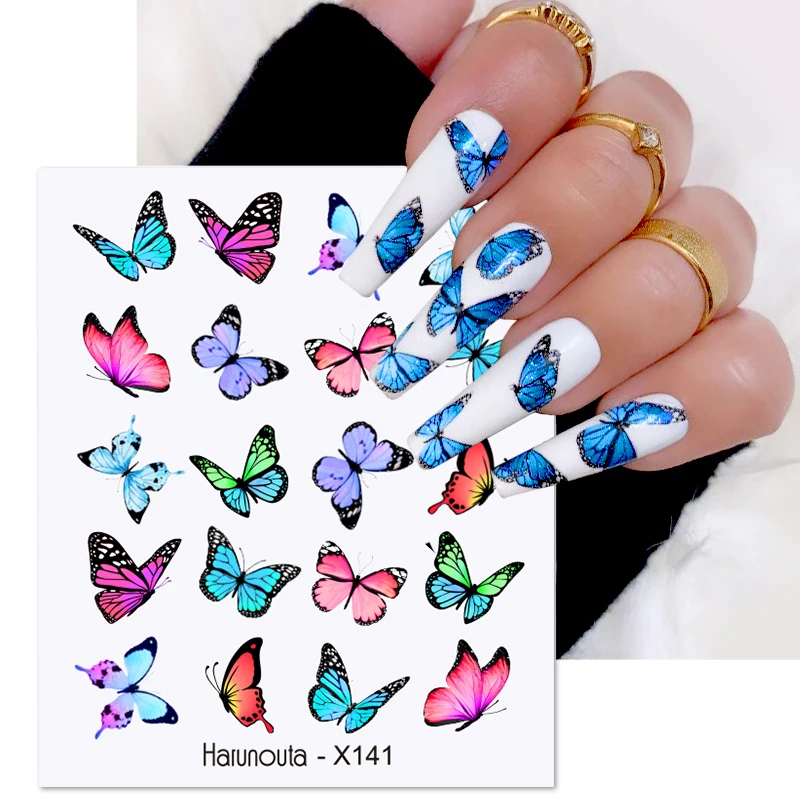 Harunouta Nail Butterfly Stickers Watercolor Decals Blue Flowers Sliders Wraps Manicures Spring Nail Art Decorations X141