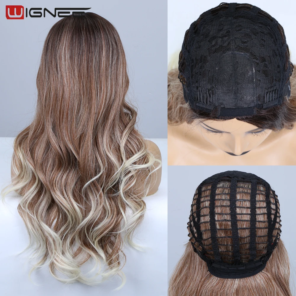 

Synthetic Hair Ombre Brown White Long Wigs Middle Part Hair Wig Daily Natural Wavy Heat Resistant Fiber Women's Wigs Fake Hair