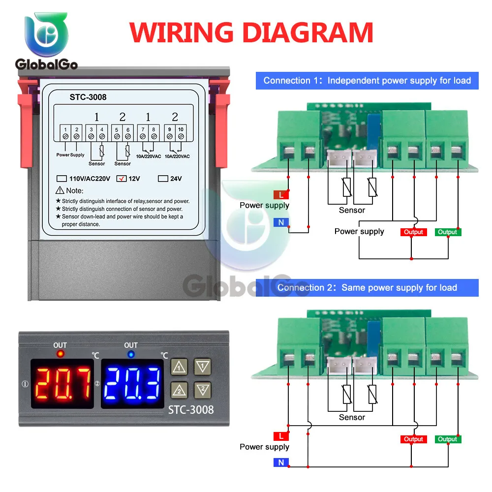 Imagem -06 - Termostato Bidirecional com Sonda Dupla Controlador de Temperatura Sensor Bidirecional Saída de Relé Bidirecional Ac110220 v Dc24v 12v Stc3008