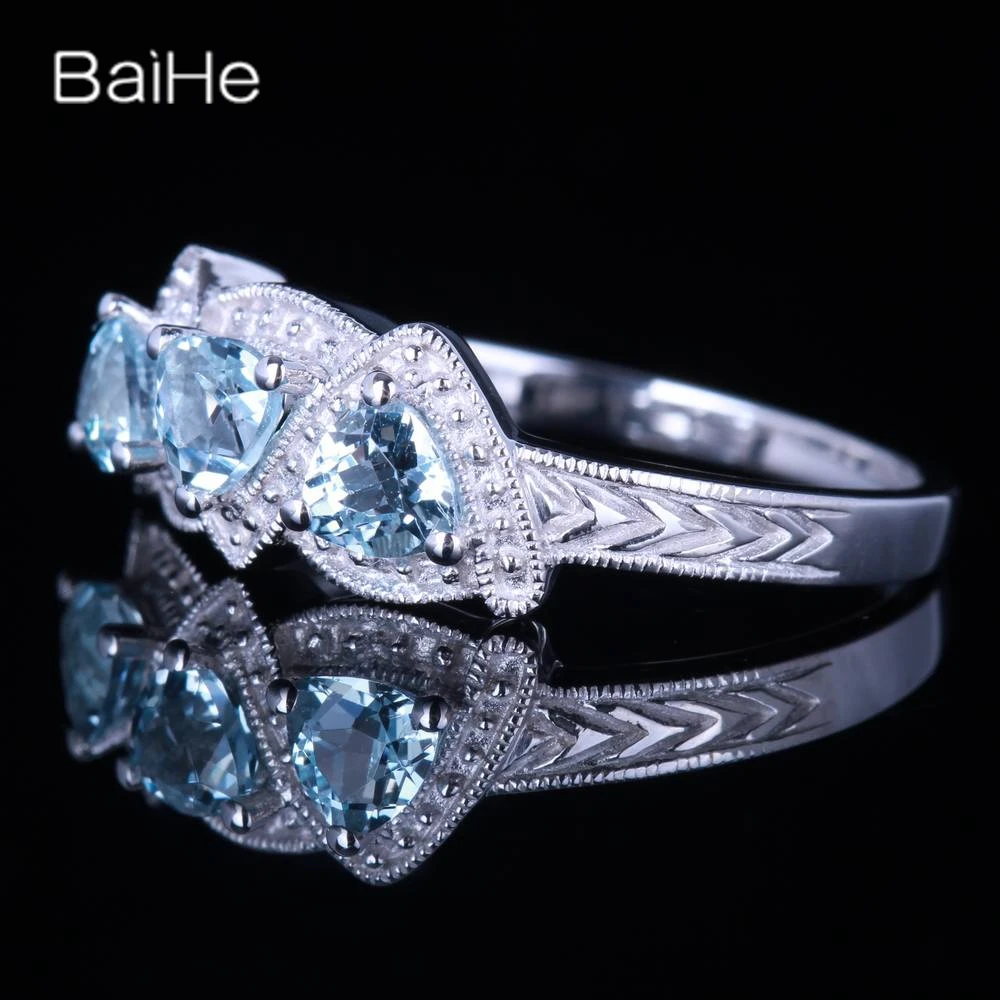 BAIHE Solid 14K White Gold Sky Blue Topaz rings for women men vintage Party Trendy Engagement Fine Jewelry парные кольца anillos