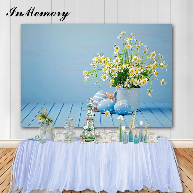 

InMemory Spring Easter Photography Backdrops Flower Wooden Floor Blue Wall Baby Shower Newborn Portrait Background Photo Studio