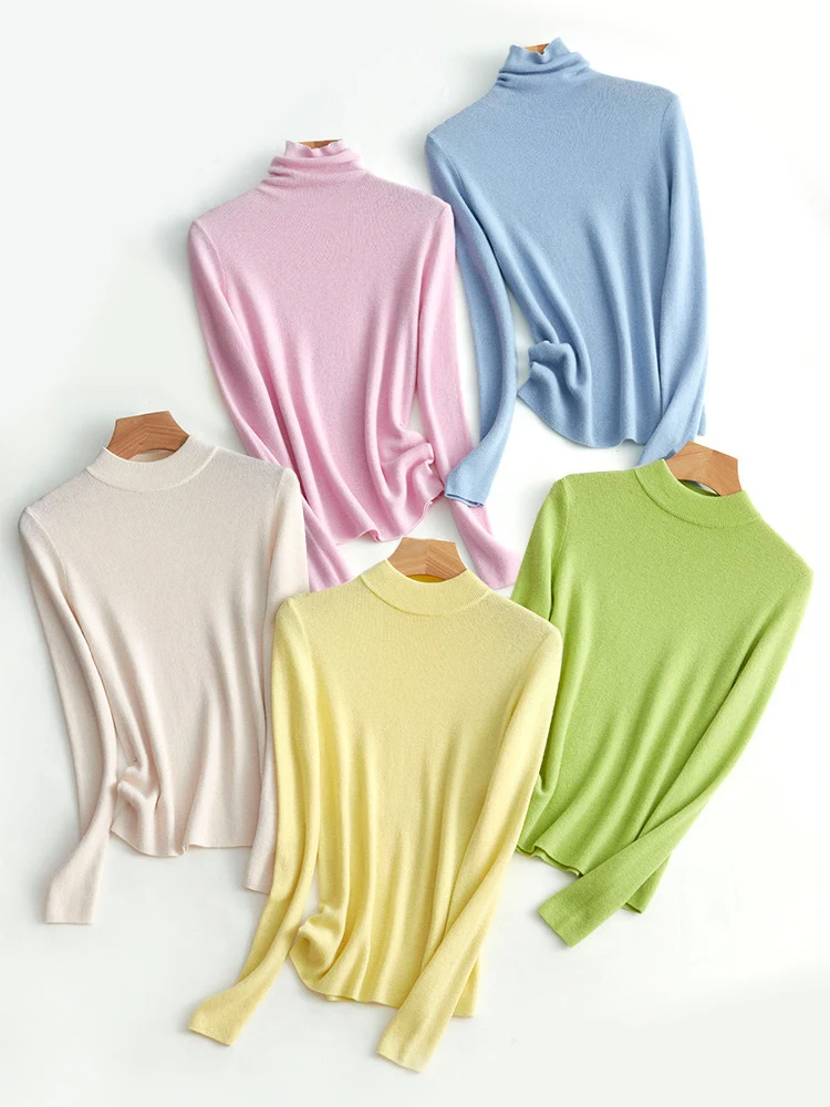 SuyaDream 2021 Winter 100%Wool Turtleneck Plain Pullovers 2021 Fall Winter Basic Sweaters for Woman Candy Colors