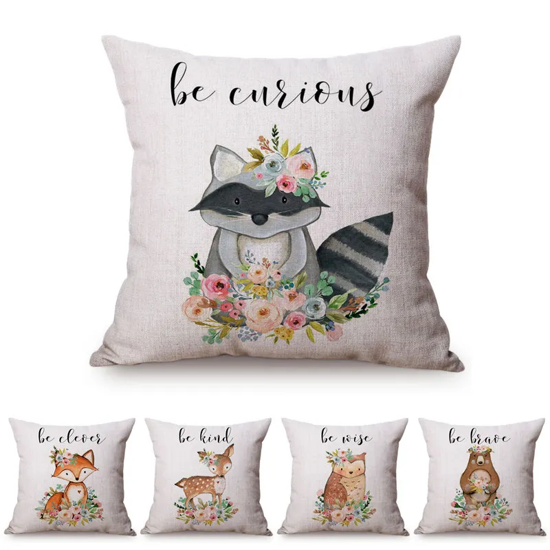 

Nordic Water Color Art Cute Animal Pattern Sofa Decorative Throw Pillow Case Fox Owl Sika Deer Letter Design Linen Cushion Cover