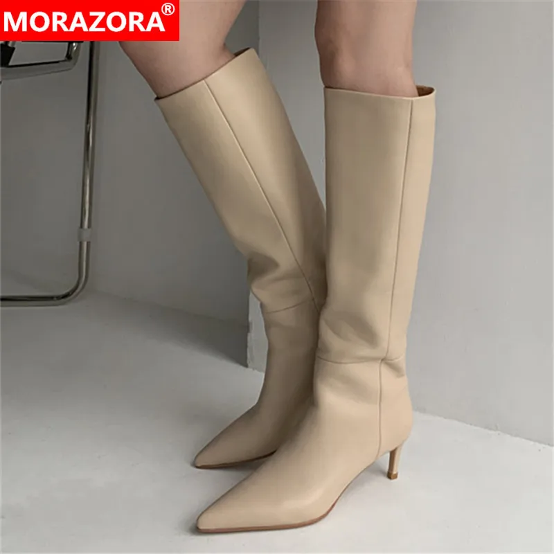 MORAZORA 2022 new brand boots women genuine leather winter boots fashion stiletto high heels pointed toe knee high boots