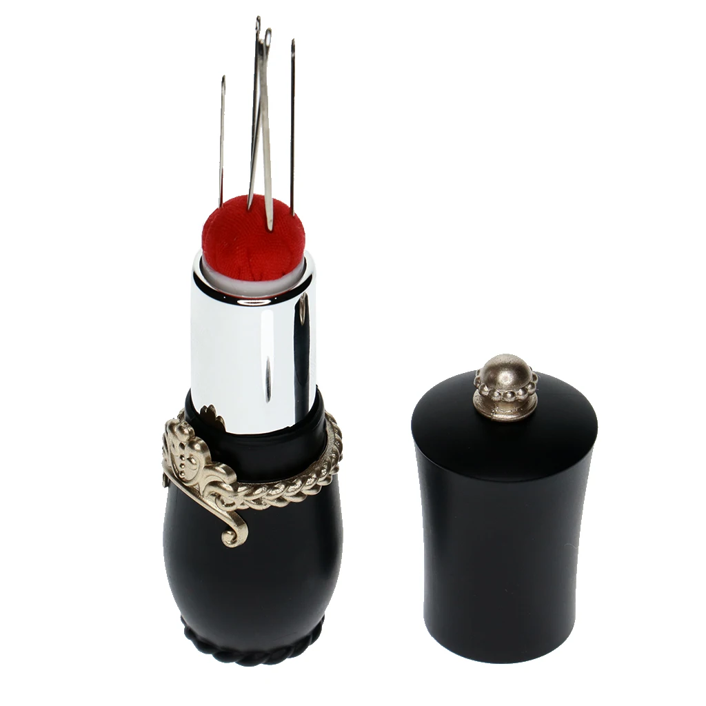 Retractable Lipstick Design Needle Pin Cushion Holder with 5pcs Sewing Needle