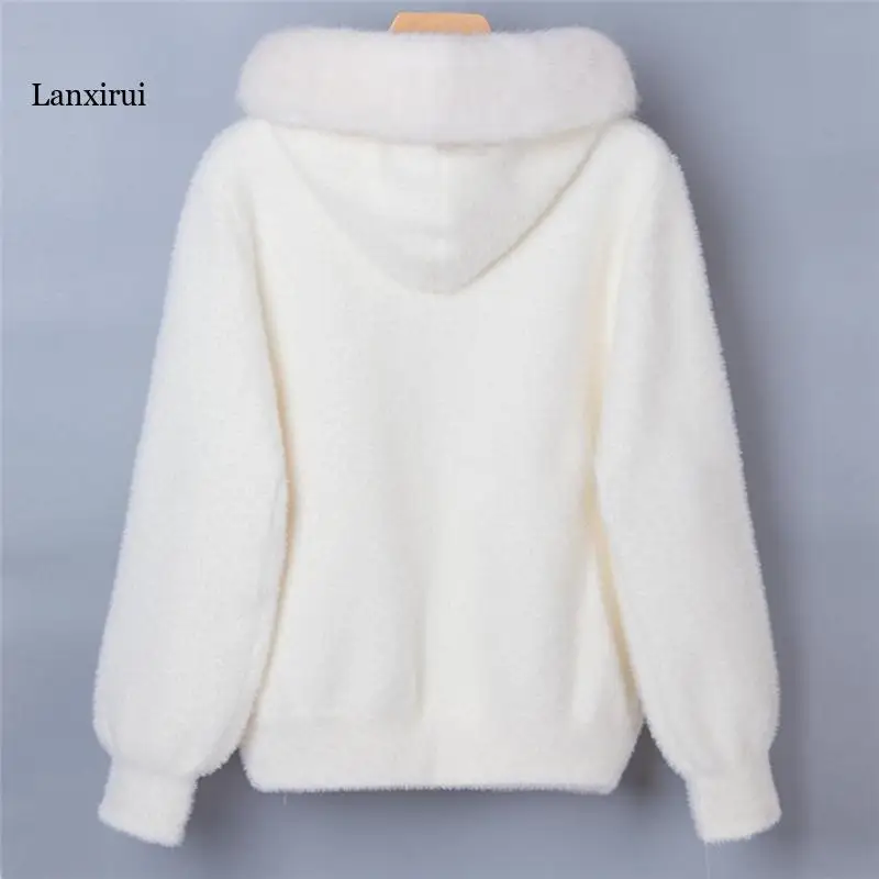 

Autumn Winter Women Faux Mink Cashmere Sweaters Solid Cardigans Female Hooded Warm Casual Short Knitwear Knitted Coat