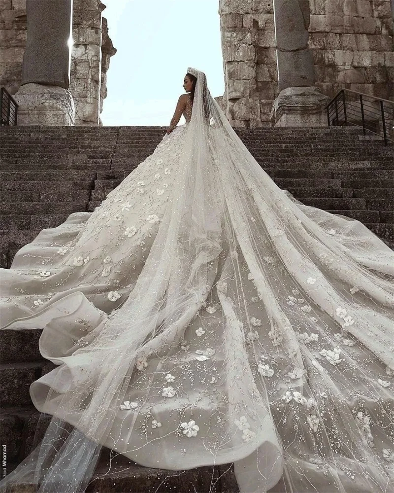 Hochzeit-vestidos De novia De línea A De lujo, cuentas De cristal De encaje con vestidos De novia, tren De barrido, hecho A medida, Vintage