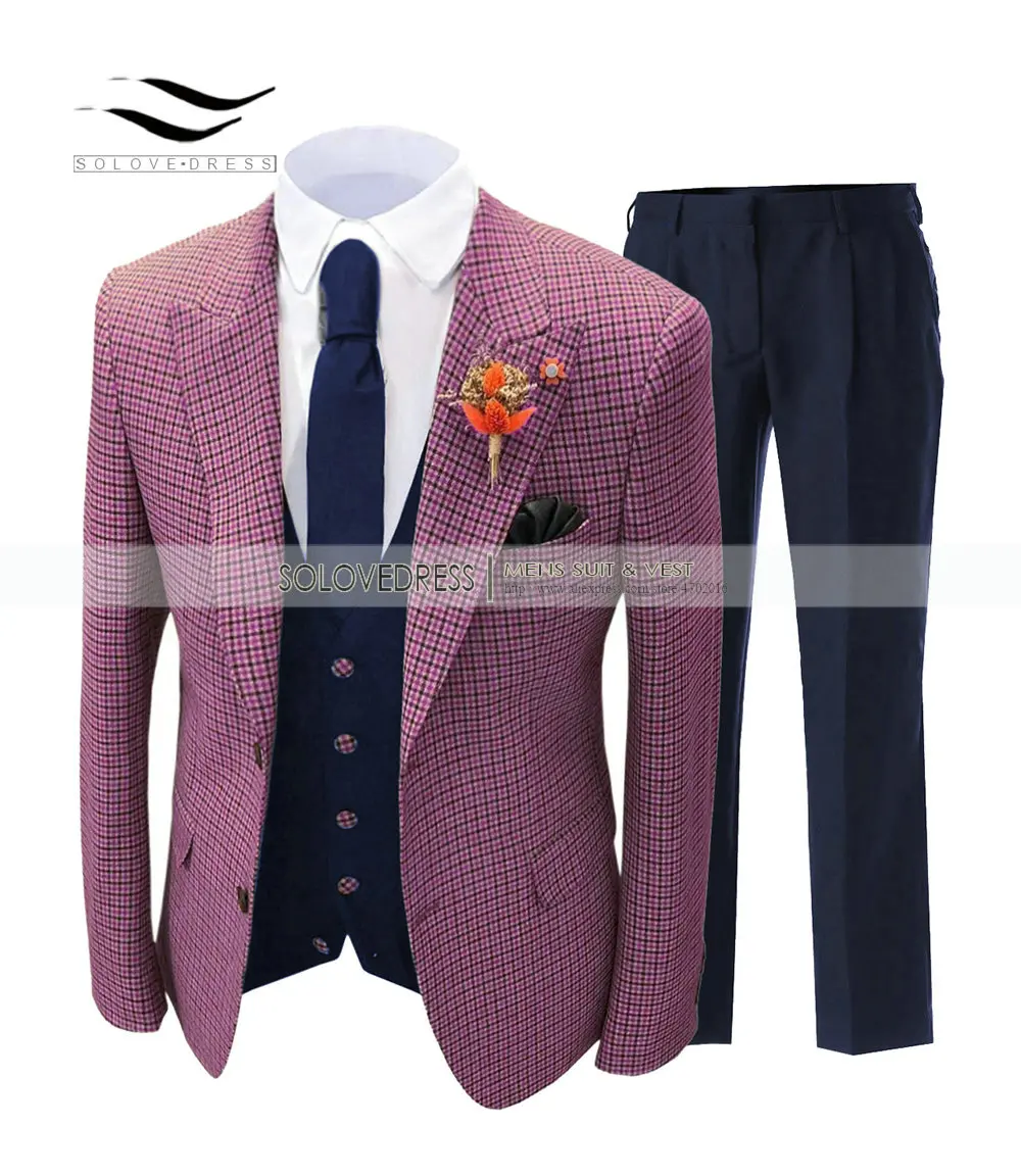 Fuchsia Formal Men's Suits Regular Fit Plaid Wool Tweed Prom Tuxedos 3 Piece Solid Suit Best man For Wedding (Blazer+Vest+Pants)