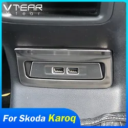 Vtear for Skoda Karoq Interior Armrest Rear USB Socket Cover Frame Trim Mouldings Stainless steel Car-styling Accessories 2023