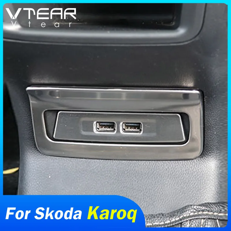 Vtear dla Skoda Karoq podłokietnik wewnętrzny tylne gniazdo USB pokrywa rama listwy wykończeniowe akcesoria do stylizacji samochodów ze stali nierdzewnej 2023