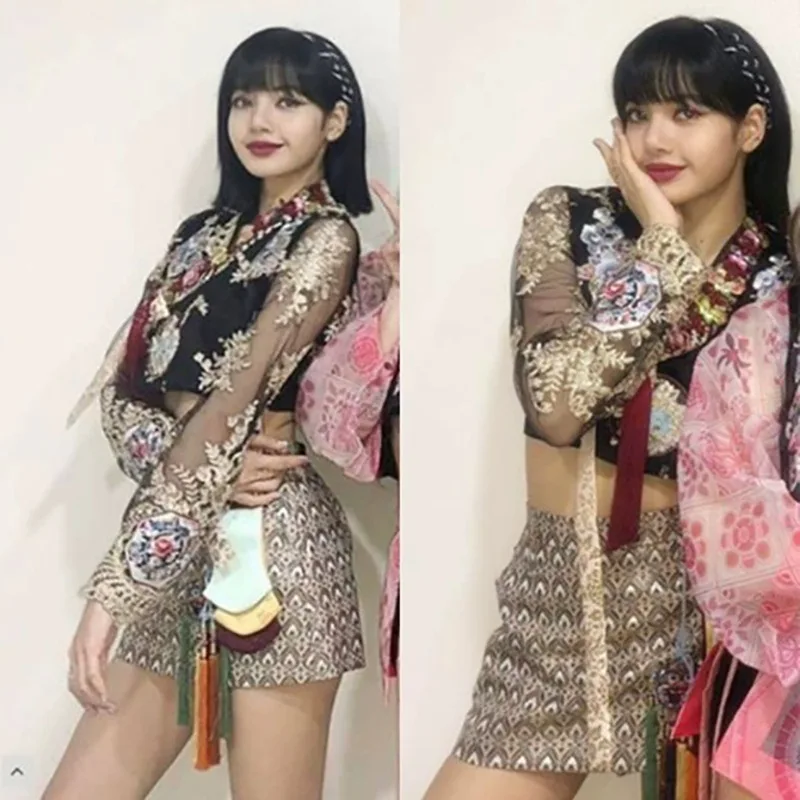 Kpop Koreaanse Celebrity Borduren Perspectief Korte Lange Mouwen Blouse Tops + Sexy Slanke A-lijn Mini Rok Vrouwen Twee delige Set