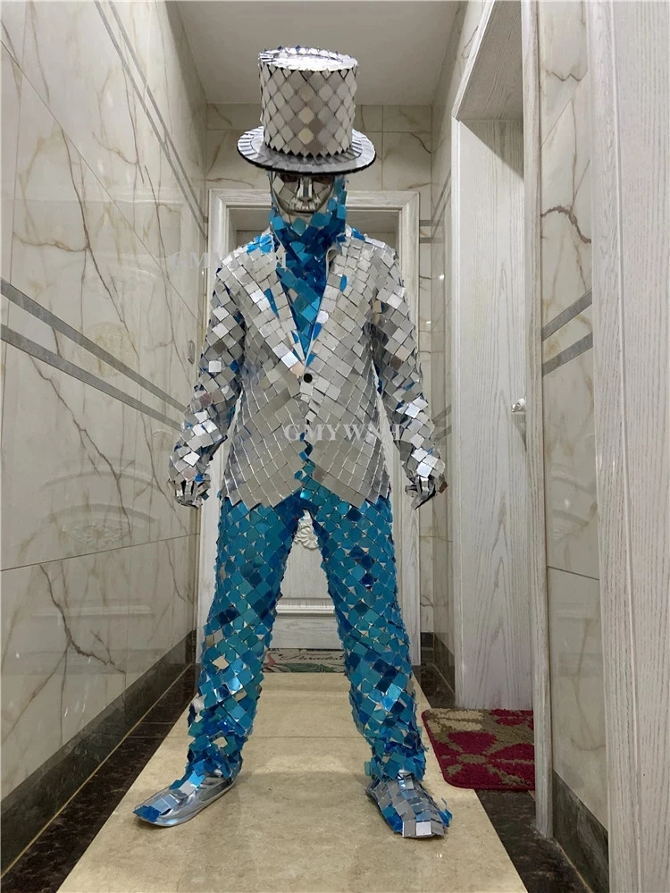 Fashion Stage Show Mirror Costume Silver Gold Robot Dance nightclub gogo party wear singer bar outfit