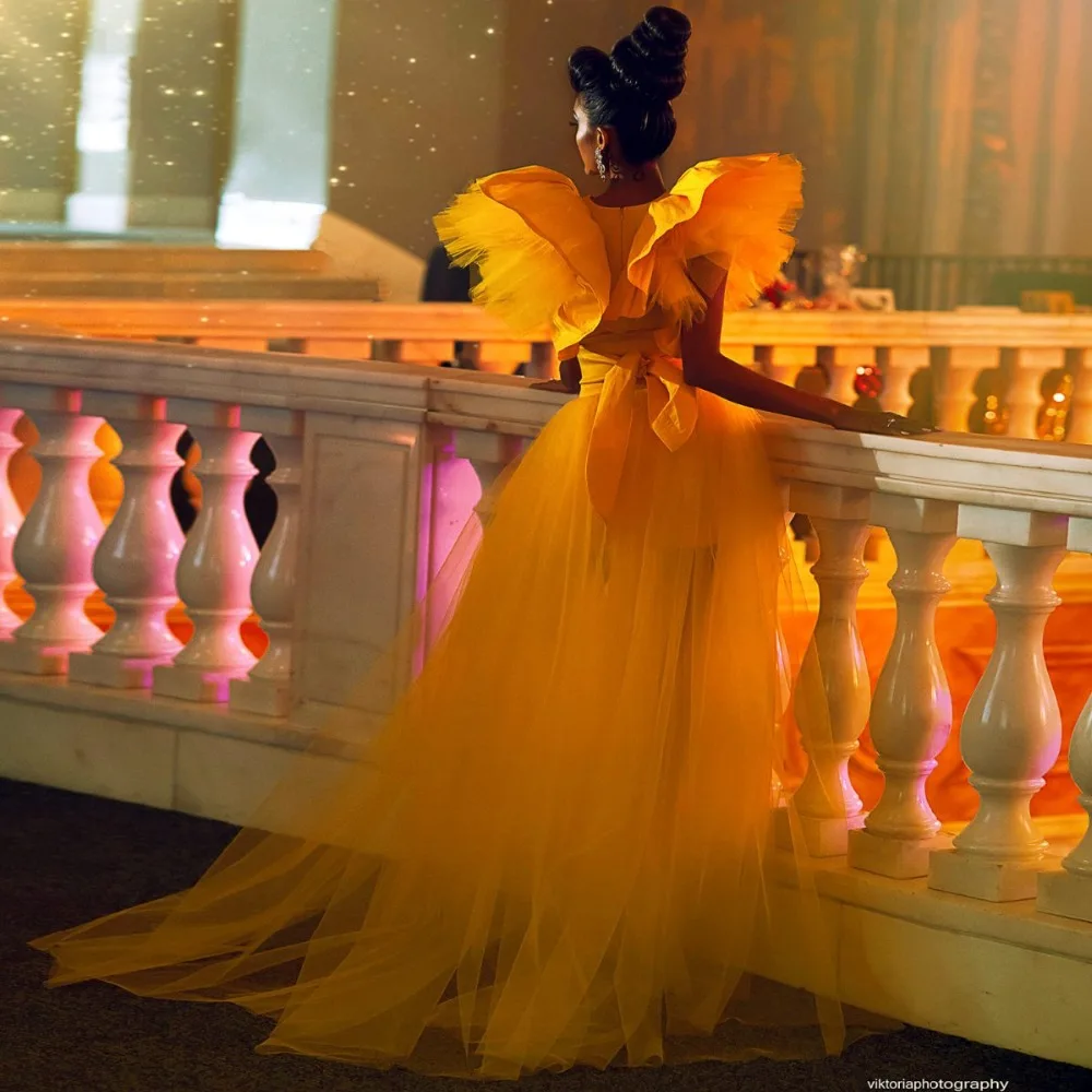 Vestidos De Noche largos elegantes para mujer, Vestido De Fiesta con cuello en V, volantes, amarillo, Formal, De tul, De noche