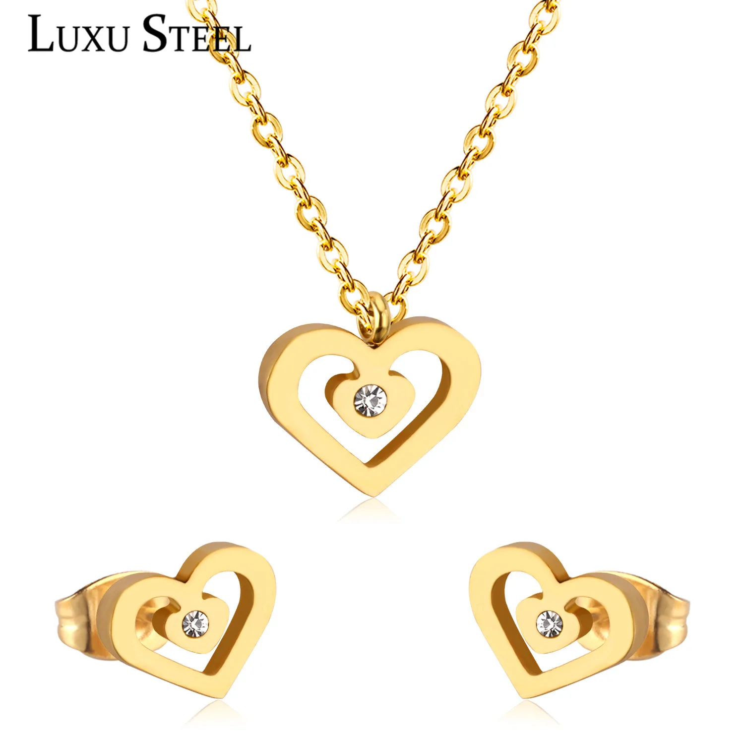 LUXUSTEEL Wedding Jewelry Sets Trendy Style Golden Color Heart Shape Pendant Necklace With Cubic Zirconia Earrings Brinco Party