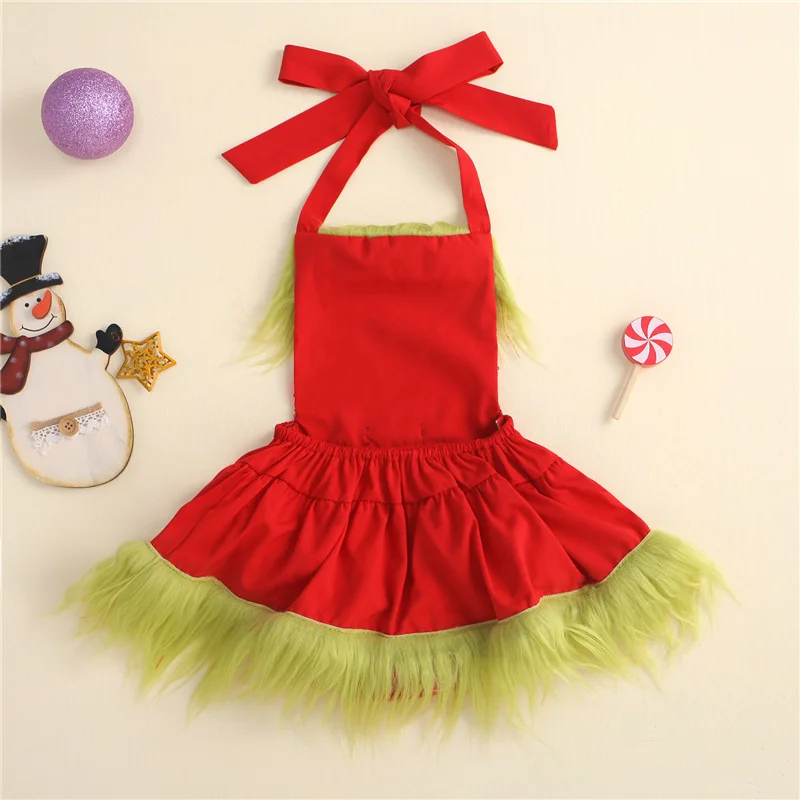 Christmas Baby Sequin Bodysuit Dress, Sleeveless Plush Square Collar Halter Backless Romper Dress Kids XMAS Clothing, 0-24Months